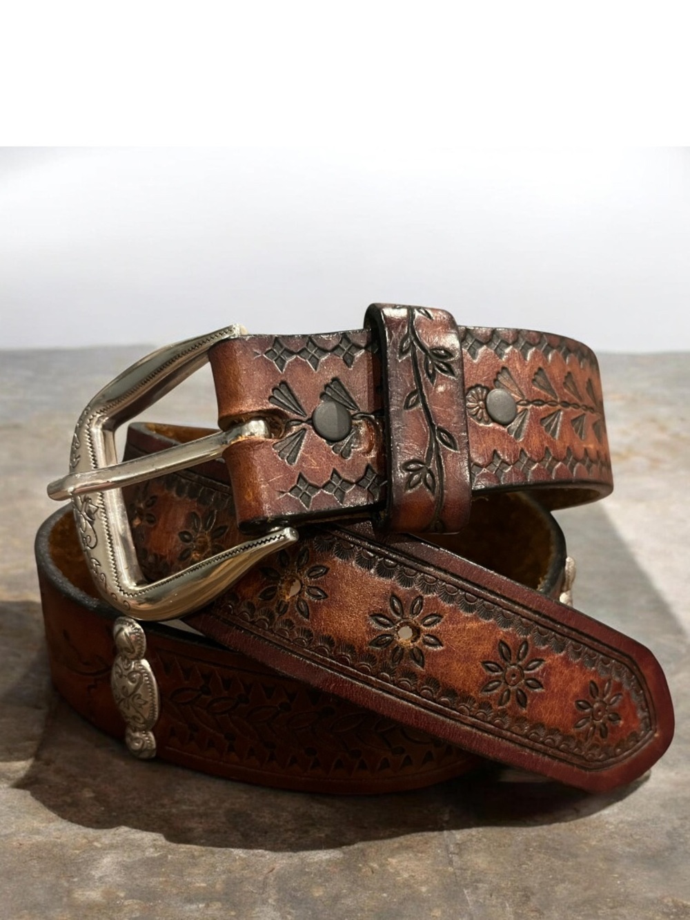 Vintage Brighton Tooled Leather Floral Belt